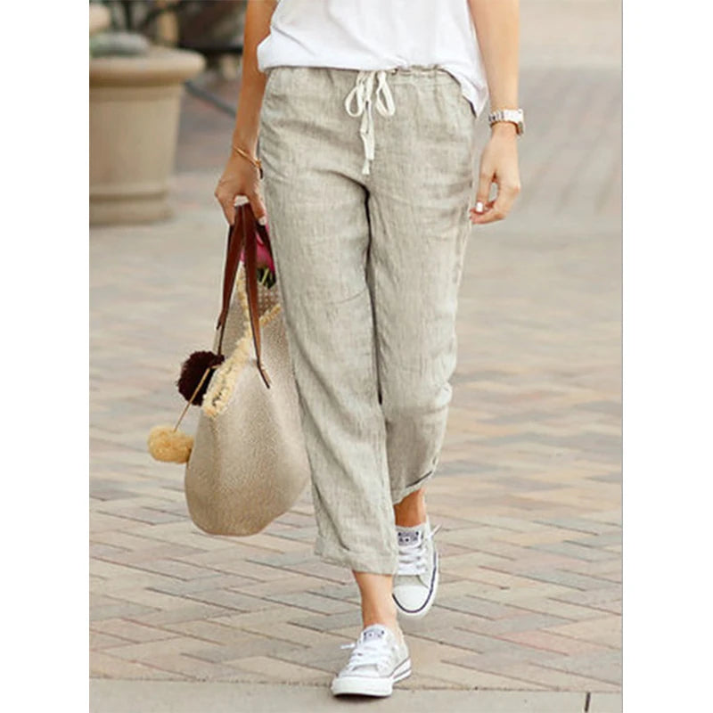 2026 Casual Pants Women Spring Summer Solid Color High Waist Drawstring Elastic Ankle-Length Pants Female Pockets Harem Trousers