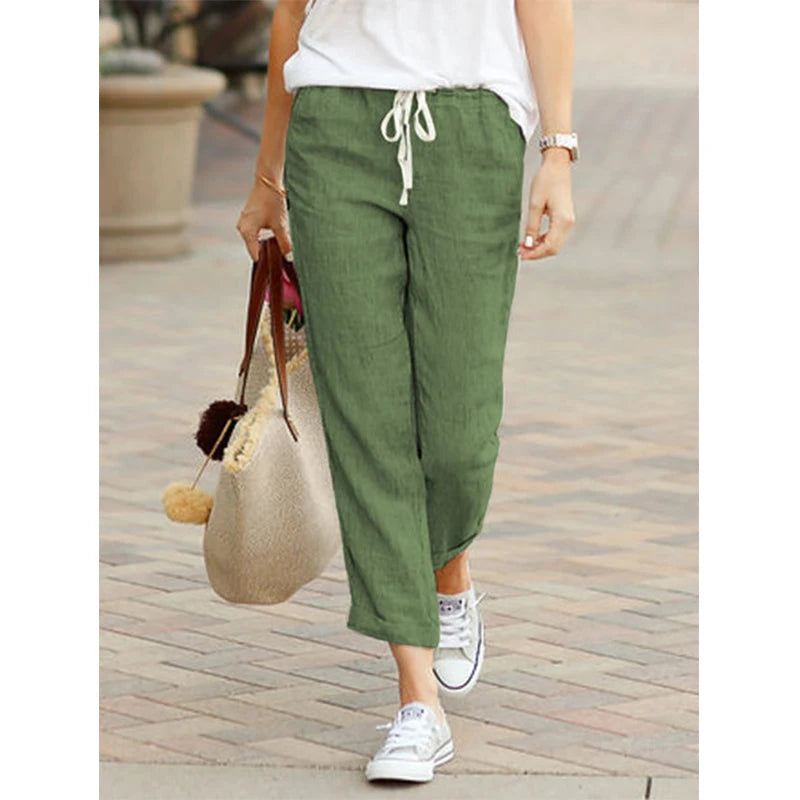 2026 Casual Pants Women Spring Summer Solid Color High Waist Drawstring Elastic Ankle-Length Pants Female Pockets Harem Trousers