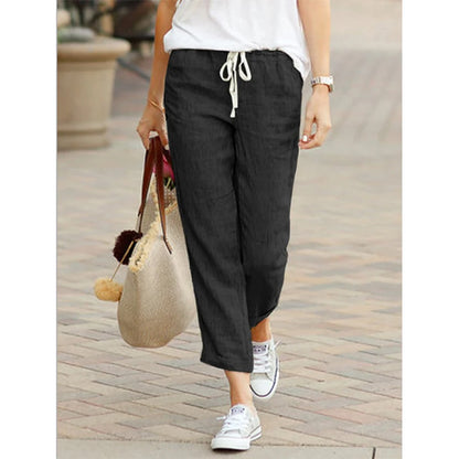 2026 Casual Pants Women Spring Summer Solid Color High Waist Drawstring Elastic Ankle-Length Pants Female Pockets Harem Trousers