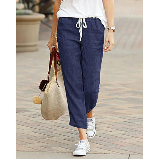 2026 Casual Pants Women Spring Summer Solid Color High Waist Drawstring Elastic Ankle-Length Pants Female Pockets Harem Trousers