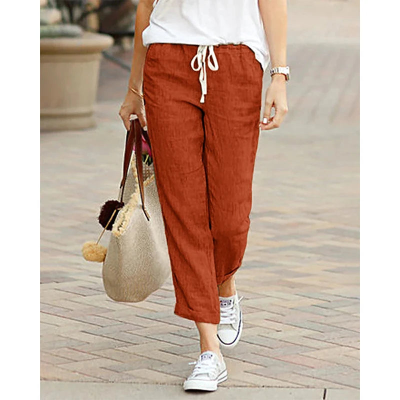 2026 Casual Pants Women Spring Summer Solid Color High Waist Drawstring Elastic Ankle-Length Pants Female Pockets Harem Trousers