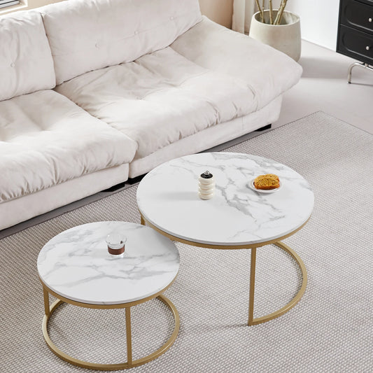 2Pcs Marble Texture Coffee Table for Living Room Sofa Side Round Coffee Tea Table 2 in 1 Combination Furniture Golden White