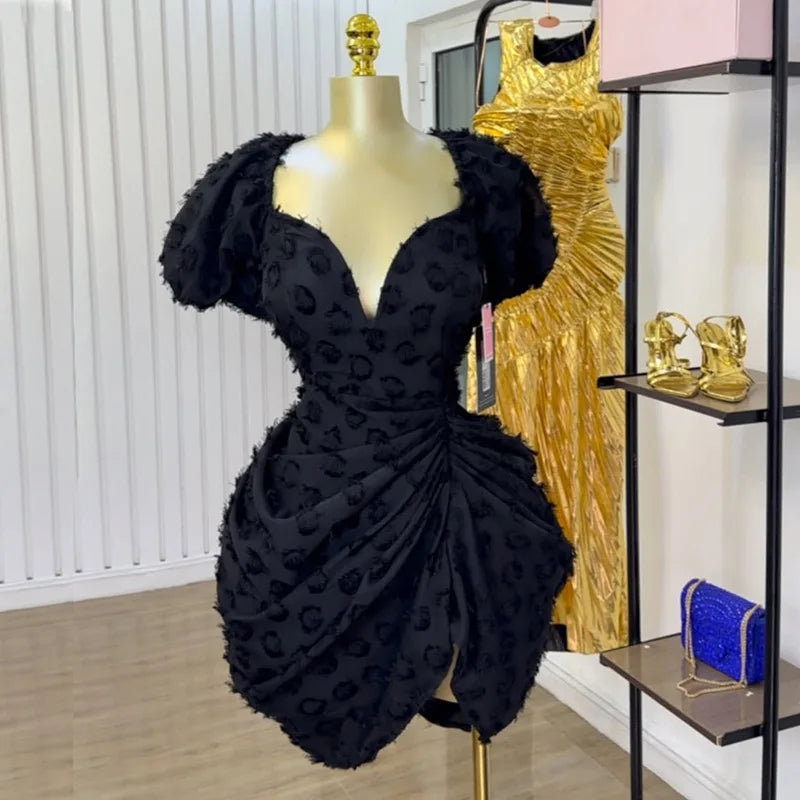 2026 Summer New Sexy V-neck Bubble Sleeve High Waist Slimming Pleated Short Dress