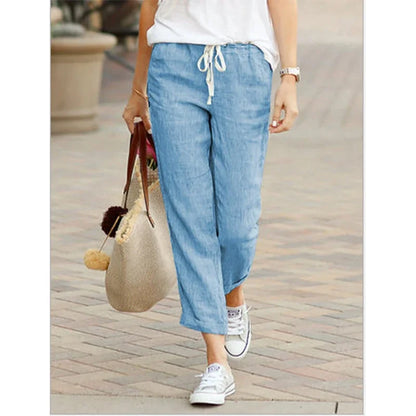 2026 Casual Pants Women Spring Summer Solid Color High Waist Drawstring Elastic Ankle-Length Pants Female Pockets Harem Trousers