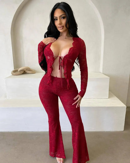 2026 Women's Set Long Sleeve Lace See Through Shirt + Long Pants Street Evening Sexy Two 2Piece Sets Outfits Tracksuit
