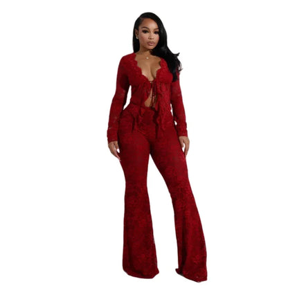 2026 Women's Set Long Sleeve Lace See Through Shirt + Long Pants Street Evening Sexy Two 2Piece Sets Outfits Tracksuit
