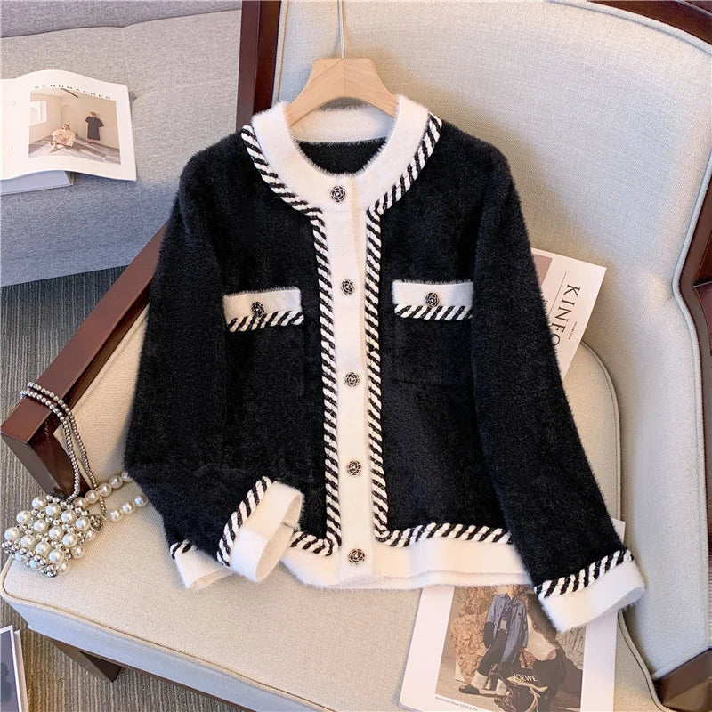 Vintage Elegant Plaid Knitted Cardigan Sweater For Women 2025 Autumn Winter Long Sleeve V-neck Tops Knitwear Fashion Chic Jumper