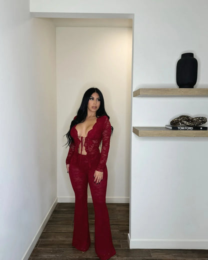 2026 Women's Set Long Sleeve Lace See Through Shirt + Long Pants Street Evening Sexy Two 2Piece Sets Outfits Tracksuit