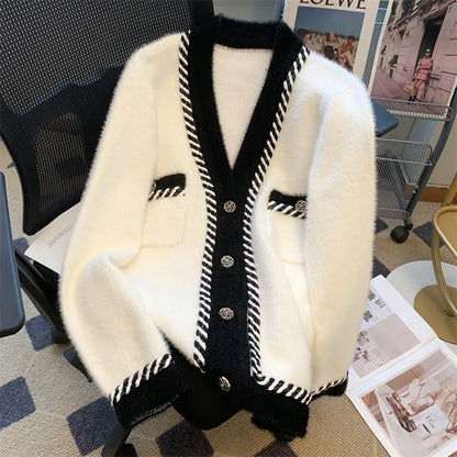 Vintage Elegant Plaid Knitted Cardigan Sweater For Women 2025 Autumn Winter Long Sleeve V-neck Tops Knitwear Fashion Chic Jumper