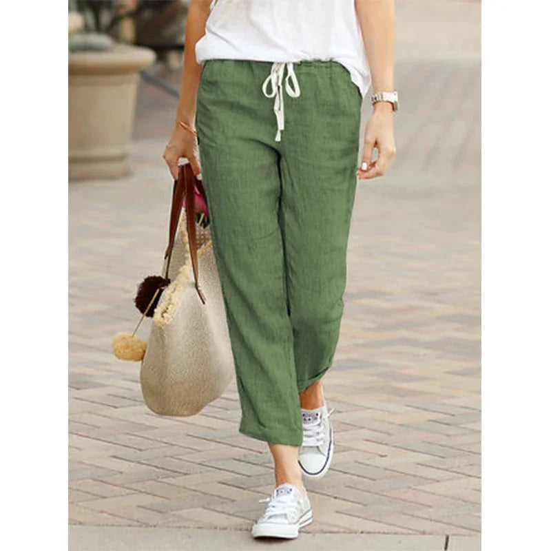 2026 Casual Pants Women Spring Summer Solid Color High Waist Drawstring Elastic Ankle-Length Pants Female Pockets Harem Trousers