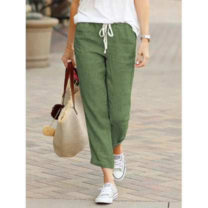 2026 Casual Pants Women Spring Summer Solid Color High Waist Drawstring Elastic Ankle-Length Pants Female Pockets Harem Trousers