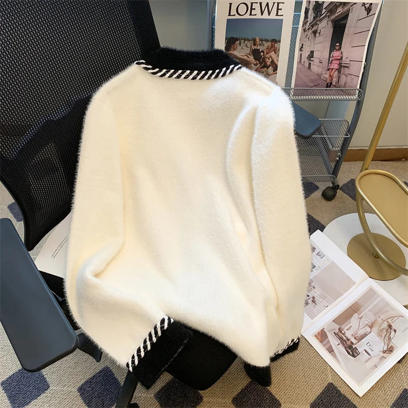 Vintage Elegant Plaid Knitted Cardigan Sweater For Women 2025 Autumn Winter Long Sleeve V-neck Tops Knitwear Fashion Chic Jumper