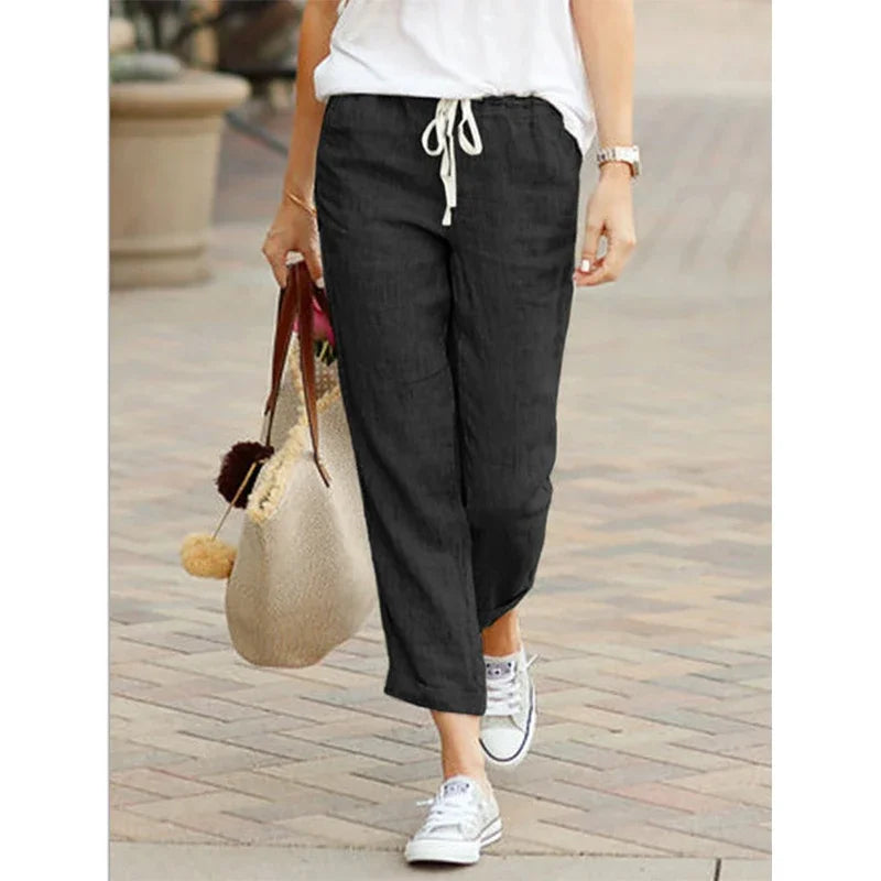 2026 Casual Pants Women Spring Summer Solid Color High Waist Drawstring Elastic Ankle-Length Pants Female Pockets Harem Trousers