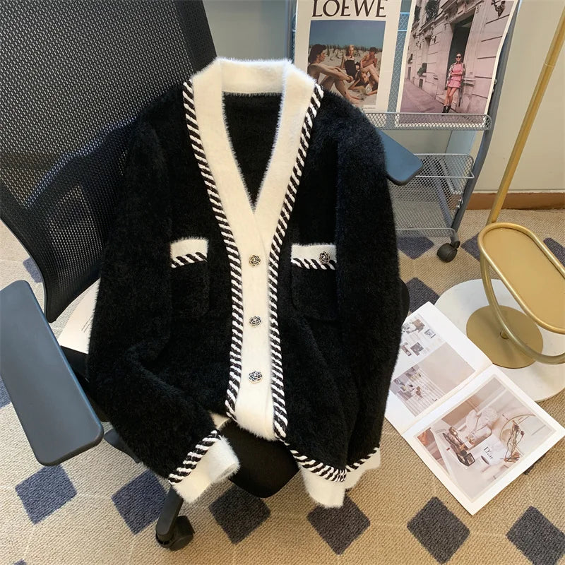 Vintage Elegant Plaid Knitted Cardigan Sweater For Women 2025 Autumn Winter Long Sleeve V-neck Tops Knitwear Fashion Chic Jumper