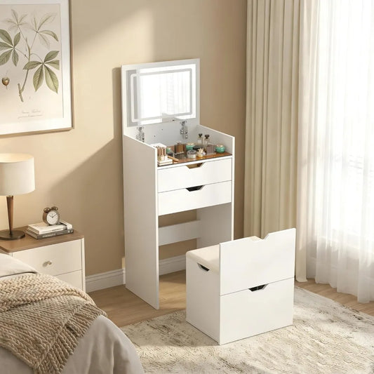 3-in-1 Vanity with Mirror and Lights, Modern Compact Vanity Table with 3 Storage Drawer, Small Makeup Vanity Desk, Customized