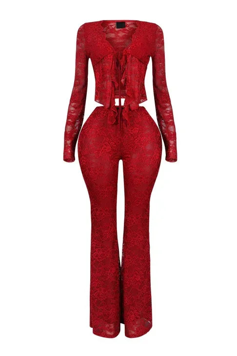 2026 Women's Set Long Sleeve Lace See Through Shirt + Long Pants Street Evening Sexy Two 2Piece Sets Outfits Tracksuit
