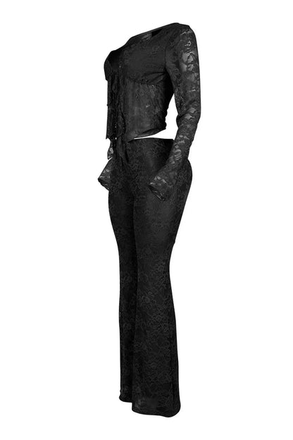 2026 Women's Set Long Sleeve Lace See Through Shirt + Long Pants Street Evening Sexy Two 2Piece Sets Outfits Tracksuit