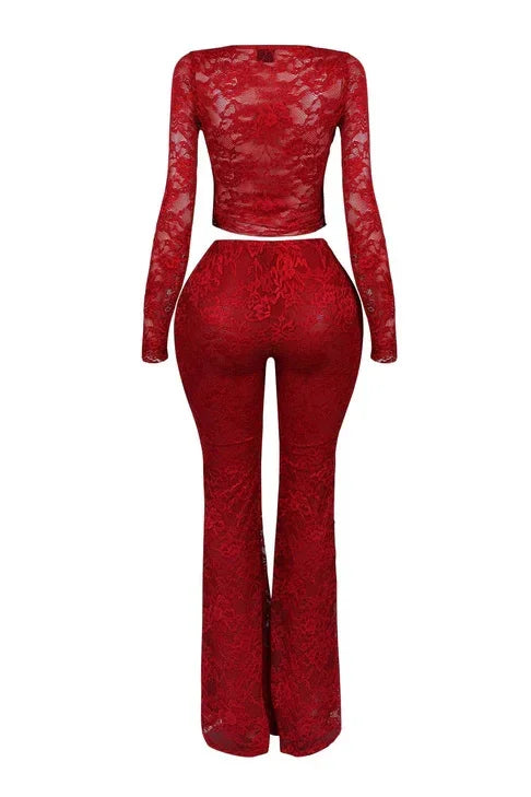 2026 Women's Set Long Sleeve Lace See Through Shirt + Long Pants Street Evening Sexy Two 2Piece Sets Outfits Tracksuit