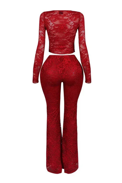 2026 Women's Set Long Sleeve Lace See Through Shirt + Long Pants Street Evening Sexy Two 2Piece Sets Outfits Tracksuit
