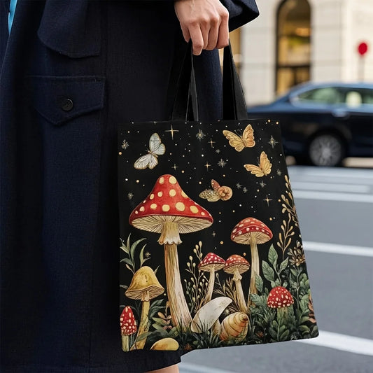 1pc, Playful Mushroom And Butterfly Design Tote, Spring Inspired Tote, Sturdy Polyester, Collapsible, Shopping Bag