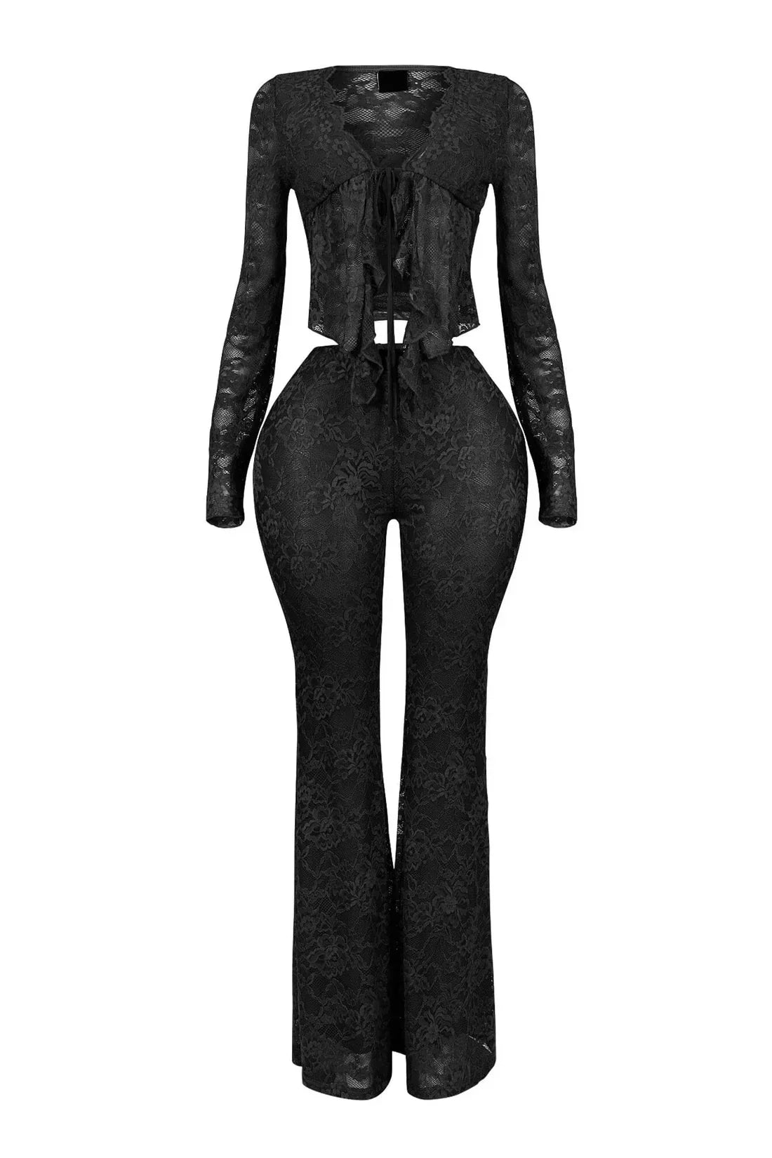 2026 Women's Set Long Sleeve Lace See Through Shirt + Long Pants Street Evening Sexy Two 2Piece Sets Outfits Tracksuit
