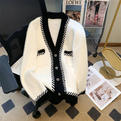 Vintage Elegant Plaid Knitted Cardigan Sweater For Women 2025 Autumn Winter Long Sleeve V-neck Tops Knitwear Fashion Chic Jumper